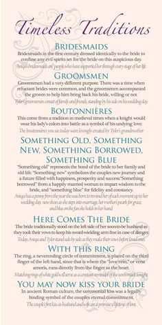 a wedding ceremony program is shown in blue and pink with the words, bridesmaids, groomsmen,