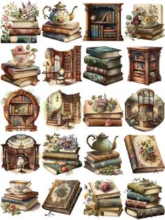 many books and vases with flowers on them are shown in this image, including one that is full of books