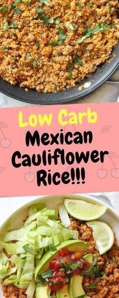 the mexican cauliflower rice is ready to be eaten and served with avocado