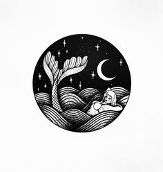 a black and white drawing of a mermaid swimming in the ocean under a crescent moon