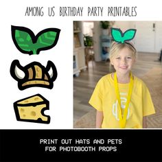 a young boy wearing green and yellow birthday party hats with photoshopped on them