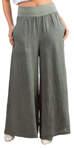 Batista Linen Pants - Shop Gigi Moda - Made in Italy Green Pull-on Ankle-length Pants, Wide Leg Bottoms With Comfort Waistband, Stretch Linen Full-length Bottoms, Stretch Linen Wide Leg Bottoms, Green Pull-on Trousers, Spring Trousers With Comfort Waistband, Spring Pants With Comfort Waistband And Loosely Fitted Hips, Stretch Linen Wide-leg Pants, Stretch Linen Wide Leg Pants