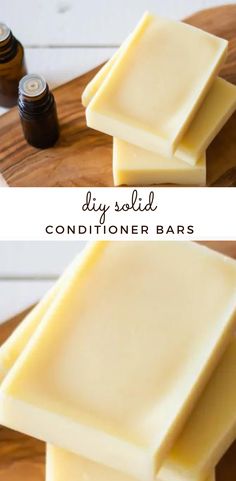 two different types of soaps on top of a wooden cutting board with the words diy solid and conditioner bars