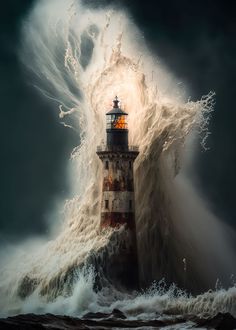 a lighthouse in the middle of a large body of water with waves crashing around it