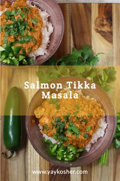 salmon tikka masala served with rice and vegetables