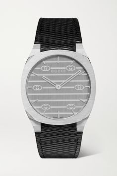 The clean lines of modern architecture inspire Gucci's '25H' watch, resulting in a style that's simple and timeless. An elegant choice for everyday wear, it has a stainless steel case and tonal dial that gleams with sun-brushed stripes and 'GG' monograms. The textured-leather strap ensures a comfortable fit on the wrist, while the Swiss quartz movement is perfect if you're looking for convenience and precision. Modern Business Watches With Diamond Hour Markers, Modern Leather Watches, Gucci Luxury Watch Accessories For Formal Occasions, Timeless Gucci Watches For Business, Classic Gucci Watches For Business, Luxury Watches With Subdials For Work, Gucci Timeless Watch Accessories For Formal Occasions, Timeless Gucci Watch Accessories For Formal Occasions, Classic Gucci Watch Accessories With Diamond Hour Markers