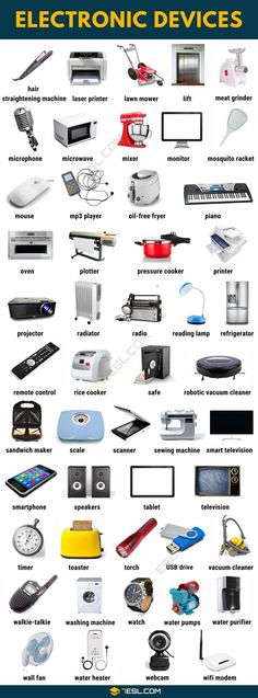 an image of electronic devices that are labeled in english and spanish, with the words electronics devices