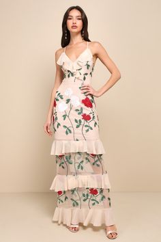 Follow your heart in the Lulus True to Heart Beige Floral Embroidered Ruffled Tiered Maxi Dress! Sheer mesh, decorated with ivory, red, and green floral embroidery, overlays this elegant maxi dress with a princess-seamed, surplice bodice supported by adjustable skinny straps that lace and tie atop an open back. Playful chiffon ruffles add flirty detail along the neckline and throughout the tiered maxi skirt. Hidden back zipper/clasp. Fit: This garment fits true to size. Length: Floor length. Siz Glam Garden, Den Room, Party Attire, Lulu Fashion, Tiered Maxi Skirt, 2024 Style, Elegant Maxi Dress, Formal Dresses Gowns, Embroidered Maxi Dress