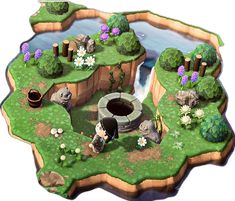 an animal crossing game is shown in the middle of a stylized landscape with flowers and rocks