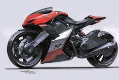 a red and black motorcycle is shown in this artistic renderings drawing style, it appears to be an electric motorbike