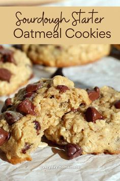 chocolate chip oatmeal cookies stacked on top of each other with text overlay