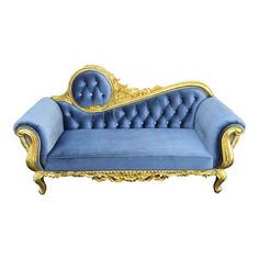 a blue velvet couch with gold trimmings and an ornate armrest, on a white background