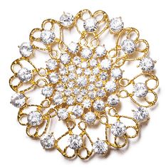 DecoStar At nearly 4" in diameter, our JUMBO round ornate diamond-studded brooch in gold is designed to amaze. If you're looking for a real 'wow factor' this brooch is exactly what your event needs. Tip: If you are a professional decorator and plan to use these often, we suggest using a corsage pin (you can get them from floral supply companies) to attach. This makes attaching much faster and is easier on the fabric you're pinning them to. DecoStar Professional Decor Products - Learn More at www Gold Round Brooch Pins, Elegant Round Brooches With Rhinestones, Elegant Round Rhinestone Brooches, Gold Round Brooches For Wedding, Gold Wedding Brooch, Gold Bling Brooches For Gift, Gold Bling Brooches Gift, Gold Round Pins For Anniversary, Gold Round Wedding Pins