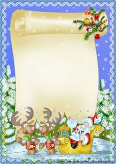 a christmas card with santa claus and reindeers in a sleigh next to an old paper scroll