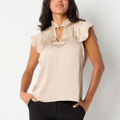 This Worthington women's blouse offers a chic and effortless look thanks to its keyhole neckline and short ruffled sleeves. It's made from smooth satin and has a regular-fit, a banded collar, and a loop-and-button closure at the back. Wear it with trousers and heels for a dressy look or keep it casual with jeans and flats. Closure Type: Loop & ButtonFit: Regular FitNeckline: Keyhole NeckSleeve Length: Short SleeveSleeve Style: Ruffled SleeveApparel Length: 25.5 InchesFiber Content: 100% Polyeste Cheap Semi-formal Blouse With Button Closure, Brown Relaxed Fit Short Sleeve Blouse, Cheap 3/4 Sleeve Blouse With Button Closure, Affordable Gold Button-up Blouse, Gold Button-up Blouse With Button Closure, Jeans And Flats, Keyhole Neck, Keyhole Neckline, Large Shirts