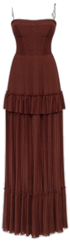 Elegant Brown Tiered Skirt, Elegant Brown Maxi Skirt, Elegant Brown Flowy Maxi Skirt, Elegant Flowy Brown Maxi Skirt, Elegant Brown Maxi Skirt For Party, Pleated Brown Maxi Dress For Party, Flowy Tiered Dress With Accordion Pleats, Chic Brown Pleated Maxi Dress, Chic Pleated Brown Maxi Dress