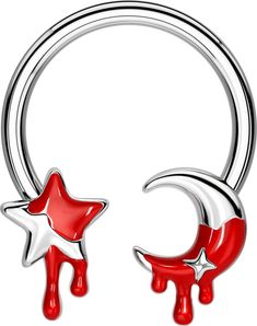 PRICES MAY VARY. 【Uniqe Design】1PC 316L Surgical Steel Septum Rings With Moon and Star Design, Melted Red Color Make the Septum Piercing More Unqie and Attractive Eye-catching 【Standard Gauges】The Daith Earring Bar Thickness: 16G=1.2mm, Inner Diameter:10mm. Comfortable for your Septum and Daith Piercing Jewelry 【Safe 316L Surgical Steel】Surgical Steel to Ensure the Safety and Durability of the Septum Ring. Nickel & Lead-Free. You can Rest Assured that you can Enjoy your Beauty While Protecting y Septum Piercing Jewelry Gothic, Black Spike Septum, Seprum Ring, Colored Septum Piercing, 16 Gauge Septum Piercing, Star Septum Ring, 12g Septum, Cool Septum Jewelry, Cute Septum Rings