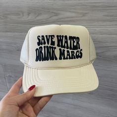 Save Water Drinks Margs Trucker Hat – Charlie Grey Trucker Hat Embroidery Ideas, Vinyl Hat Ideas For Women, Margarita Trucker Hat, Aesthetic Trucker Hats, Bachelorette Trucker Hat Ideas, Save Water Drink Margs, White 5-panel Snapback Hat With Letter Print, 5-panel Trucker Hat With Letter Print, Retro White Trucker Hat With Letter Print