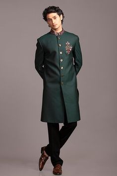 Shop for Jayesh Shah Green Terry Wool Placement Embroidered Sherwani And Pant Set for Men Online at Aza Fashions Achkan For Men, Green Color Dress, Embroidered Sherwani, Placement Embroidery, Desi Clothes, Pant Set, Mandarin Collar, Aza Fashion, Desi