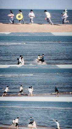 several people are running on the beach near the water with frisbees in their hands