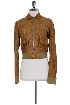 Current Boutique-Dolce & Gabbana - Tan Laser Cut Leather Jacket Sz 8 Designer Brown Leather Jacket For Spring, Spring Long Sleeve Leather Jacket With Suede Overlays, Spring Leather Jacket With Suede Overlays, Spring Workwear Leather Jacket With Suede Overlays, Fitted Leather Jacket With Suede Overlays, Chic Brown Suede Outerwear, Chic Brown Outerwear With Suede Overlays, Chic Leather Jacket With Suede Overlays For Spring, Spring Brown Leather Jacket With Suede Overlays