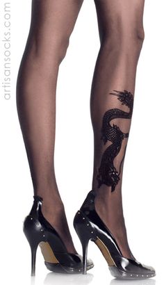 Dragon Tattoo Sheer Black Stockings from Artisan Socks www.artisansocks.com Black Dragon Tattoo, Dragons Tattoo, Tattoo Tights, Sock Company, She Walks In Beauty, Mother Daughter Tattoos, Elegant Clothes