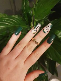 Green & Gold Abstract Floral Press on Gel Nails Autumn | Etsy Forest Green Nails Almond Shape, Green And Gold Leaf Nails, Green Nature Nails, Green Leaves Nails, Green Leaf Nails, Dark Green Nails With Gold, Green Autumn Nails, Autumn Leaf Nails, Forest Nail Art