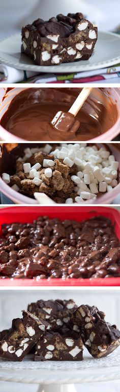 three different types of chocolate desserts on plates