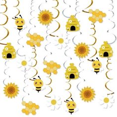 a bunch of yellow and white paper decorations with bees on them in the shape of sunflowers