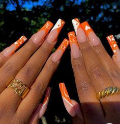 Orange French Tip Nails Press on Nails False Nails Long - Etsy Orange Acrylic Nails, Nails Orange, Short Square Acrylic Nails