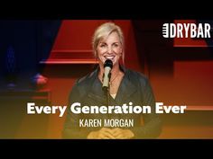 a woman standing in front of a microphone with the words every generation ever written on it