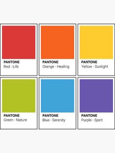 the pantone color chart is shown in four different colors, including red, orange, yellow, and blue