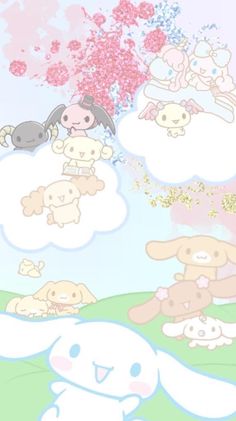 some cartoon animals are flying in the sky with cherry blossom trees behind them and clouds