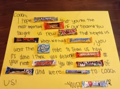 a note written to someone about their favorite candy bar and what they are saying on it