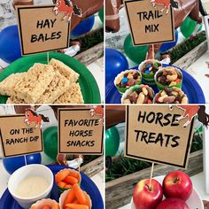 there are four pictures of horse treats on the table