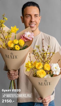 a man holding three bouquets of yellow and white flowers with the caption mate