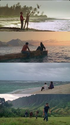 people are sitting and standing on the beach at sunset or sunrise, while one person is in a canoe