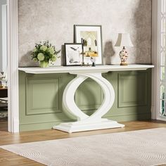 a white console table in a living room