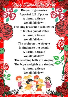 a poem with roses and two girls on it, in the background is a red rose border