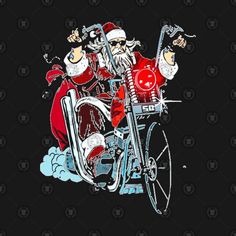 santa claus riding on the back of a bike with his hand in his pocket and pointing at