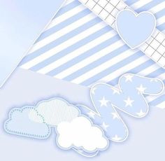 blue and white paper cut outs with clouds, stars and hearts on them for scrapbook pages