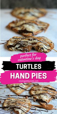 Collage image featuring two photos of heart shaped hand pies filled and topped with chocolate, caramel and pecans. Chocolate Hand Pies, Dirt Dessert Recipe, Holiday Pies Recipes, Dirt Dessert, Egg Custard Pie, Fudge Pie, Hand Pie Recipes, Hand Pie, Holiday Pies