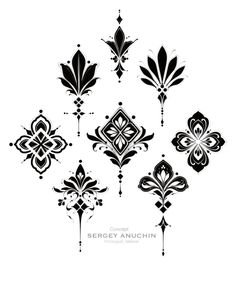 black and white floral designs on a white background with the words sergey anuchin