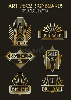 art deco signs and badges for sale on black background