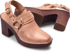 Leather Mules With Heel Loop And Square Toe, Leather Slingback Mules With Heel Loop, Leather Clogs With Block Heel, Leather Mules With Heel Strap And Square Toe, Leather Slingback Clogs With Heel Loop, Leather Clogs With Wooden Heel And Square Toe, Elegant Leather Clogs With Heel Strap, Leather Slingback Mules With Wooden Heel, Formal Clogs With Leather Sole