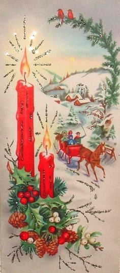 a christmas scene with two red candles