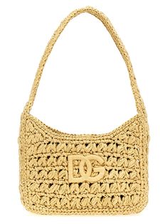 '3. 5' crocheted raffia shoulder bag, magnetic closure, front logo embroidery. Composition: 100% viscose Summer Shoulder Bag With Embroidered Logo, Tote Style, Summer Tote Shoulder Bag With Embroidered Logo, Chic Shoulder Bag With Embroidered Logo For Shopping, Chic Summer Bags With Embroidered Logo, Designer Crochet Woven Bag, Designer Beige Shoulder Bag With Embroidered Logo, Summer Beige Bag With Embroidered Logo, Beige Embroidered Logo Bag For Summer, Designer Shoulder Bag With Embroidered Logo