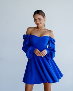 Fabric: Crepe Cotton 75%, Polyester 20%, Elastane 5% Backless Puff sleeves Bustier bodice Mini Length Sleeve length: 70cm/ 27.5in Skirt length: 46cm/ 18,1in Colors: Blue, Red, White White Bishop Sleeve Dress For Party, Solid Color Puff Sleeve Party Dress, White Puff Sleeve Dress For Party With Fitted Bodice, Party Dress With Puff Balloon Sleeves And Fitted Bodice, Party Dress With Puff And Balloon Sleeves, Party Puff Sleeve Dress With Fitted Bodice, Blue Off-shoulder Puff Sleeve Dress, Puff Sleeve Dress With Pleated Sleeves For Party, Elegant Blue Puff Sleeve Dress With Fitted Bodice