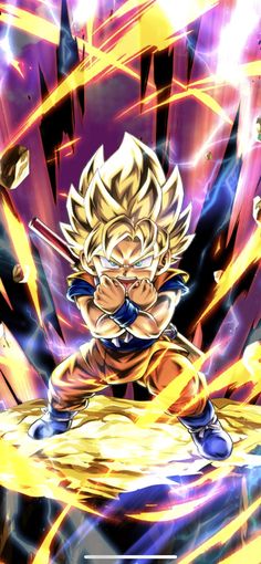 the dragon ball character is in action with yellow and purple lightenings behind him