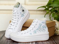 Wedding Sneakers for Bride, Bridal Flower Embroidered Converse Platform, Flower Embroidered Shoes, Floral Embroider Sneakers, Wedding Gifts - Etsy Spring Wedding Embroidered Sneakers, White Sneakers With Appliques For Summer, Spring Wedding High-top Sneakers, White Lace-up Sneakers With Appliques, White Casual Wedding Sneakers, White Casual Sneakers For Wedding, White High-top Sneakers With Floral Embroidery, White Embroidered Lace-up Sneakers, Sneakers For Bride